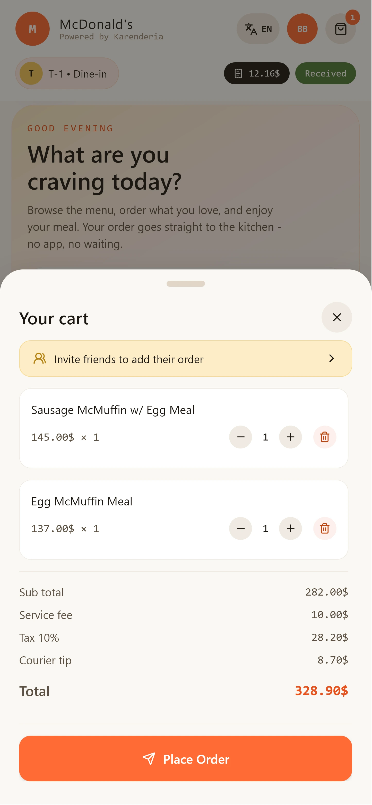 Cart with table order items