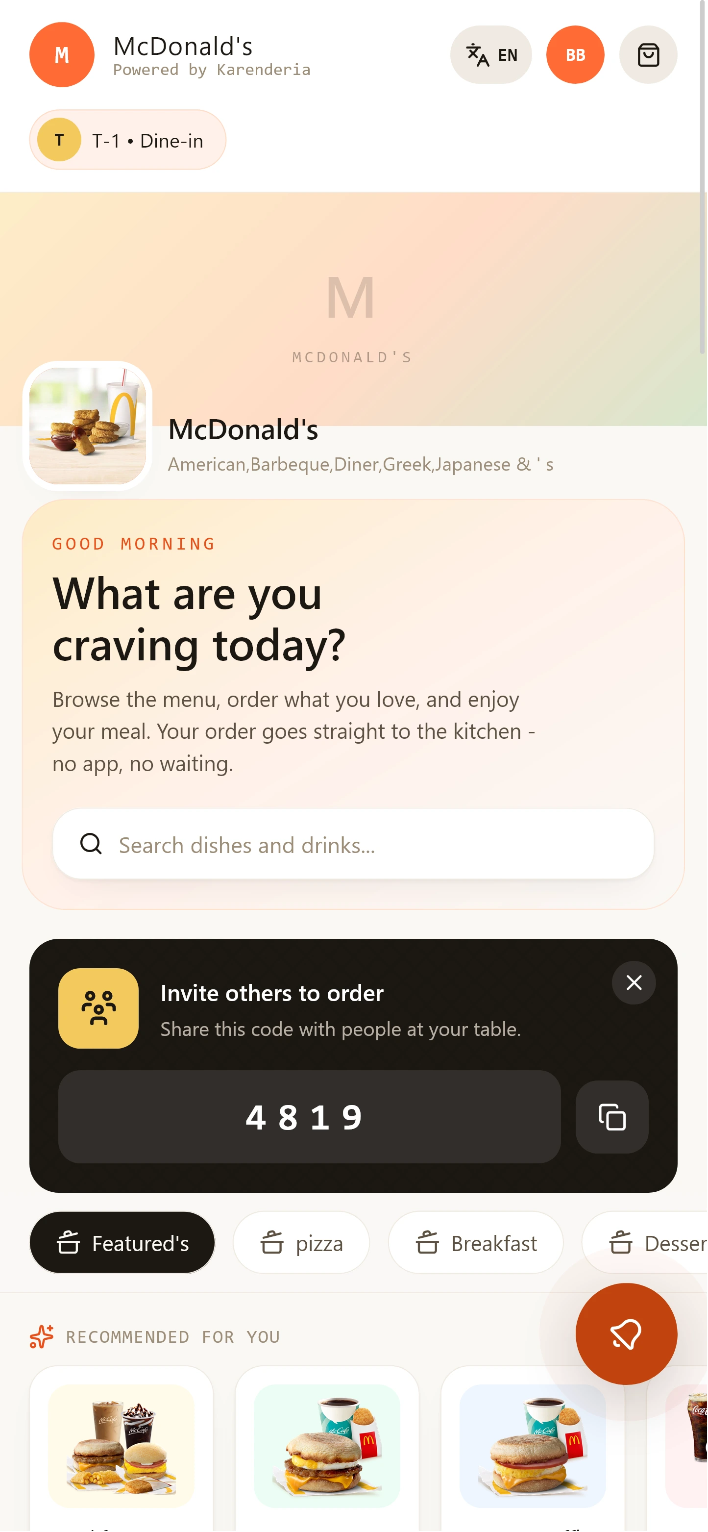 QR table ordering app — restaurant menu home screen