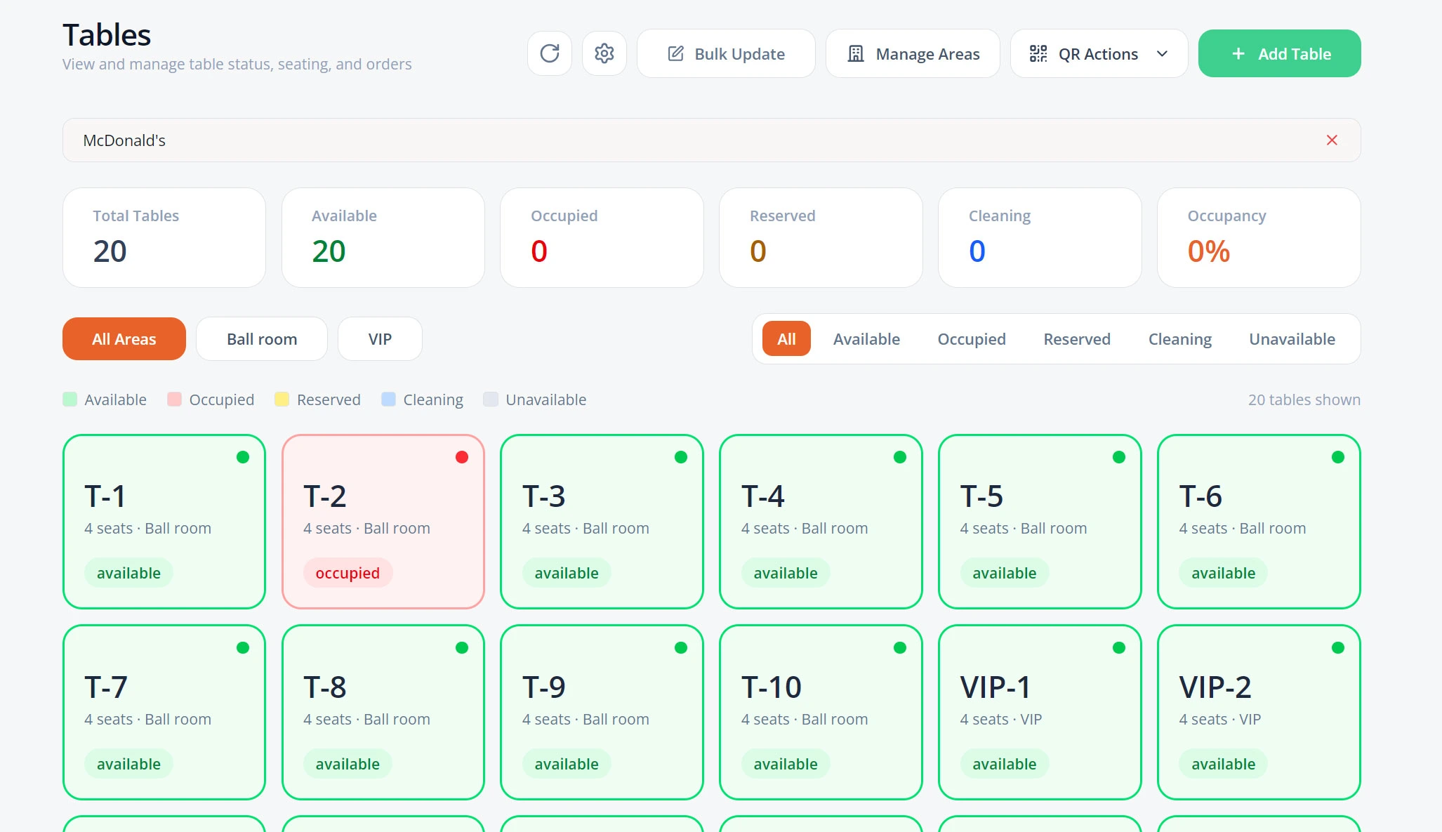 Merchant panel — table orders dashboard